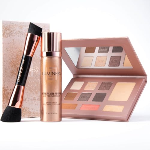 LUMINESS Face Time All In One Makeup Kit – Includes Face Palette, Airbrush Foundation, and Makeup Brush – Long-Wearing, Silky, Soft, Easy to Blend, 3-PC Make Up Set (03 – Light Medium)