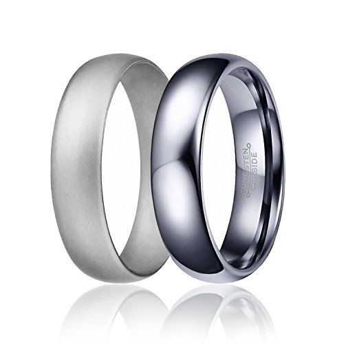 SOLEED Twins - Set of 2-1 Tungsten Wedding Band and 1 Silicone Rubber Wedding Ring For Men, Classic Style