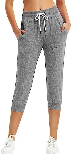 SPECIALMAGIC Women's Capri Sweatpants Cropped Jogger Terry Running Pants Lounge Drawstring with Side Pockets Heather Grey 2XL