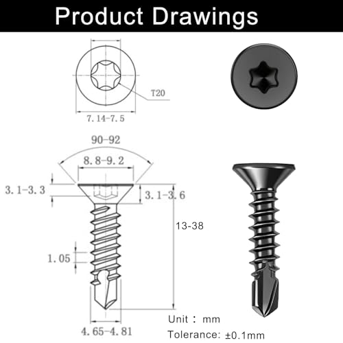 FandWay 100 sztuk wkrętów Torx, wkręty samowiercące, z łbem stożkowym, M4, 2 x 38 mm, samowiercące się wkręty ze stali nierdzewnej, 410, czarne, do metalowych, asortyment 1 bitów TX20