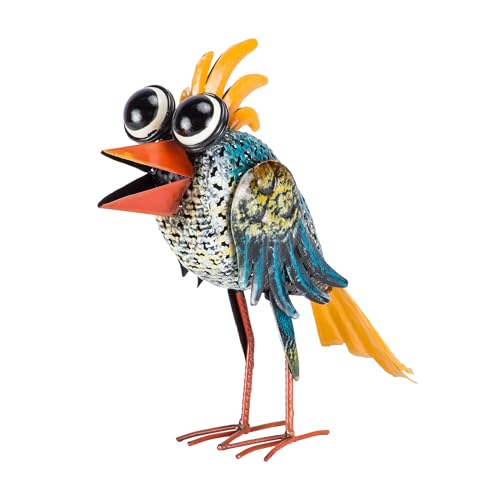 Alpine Corporation 11' Tall Outdoor Metal Wide-Eyed Bird Standing Yard Statue Decoration, Multicolor