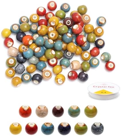 100 cuentas de cerámica, cuentas de porcelana de colores para ensartar con hilo elástico de 4 m para la fabricación de joyas DIY, colgantes y manualidades (10 mm)