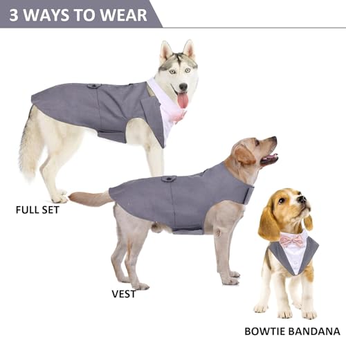DORA BRIDAL Dog Tuxedo for Large Dogs, Dog Suit and Bowtie, Formal Dogs Wedding Outfit, Pet Tuxedo and Bandana Set Valentines Birthday Christmas Party Costumes for Labrador,Golden Retriever, Grey, 2XL — view 2