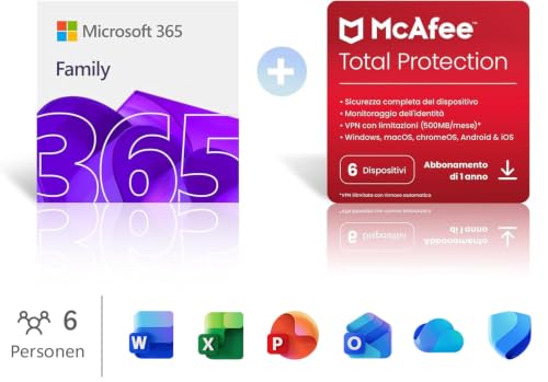 Microsoft 365 Family │ 1 Jahr │ bis zu 6 Personen │ Office Apps mit KI | bis zu 6 TB Cloudspeicher | verlängert für 129,99€ + McAfee Total Protection | 1 Jahr | 5 Geräte │ verlängert für 108,10€