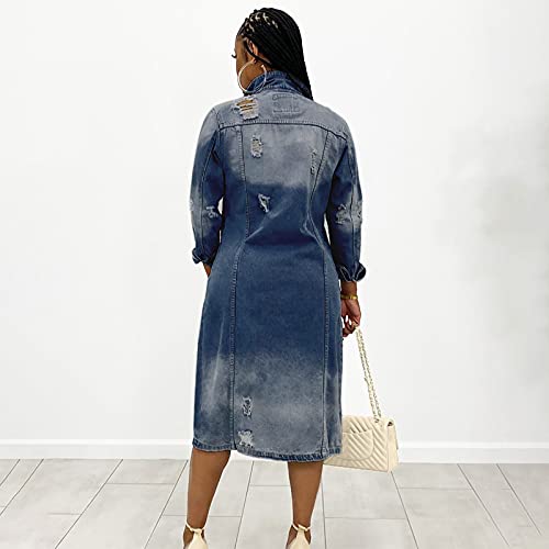 Lugogne Denim Jacket For Women Long Fashion Ripped Overcoat Retro Blue Jackets Lapel Button Oversized Trench Coat #TOP4