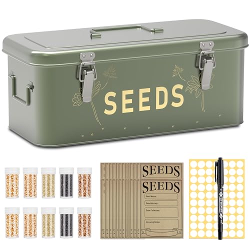 Orionstar Metal Seed Storage Organizer Kit with 30 Bottles & Envelopes, 4 Compartment Locking Box for Gardening Heirloom Flower Vegetable Preservation, Vintage Dark Green Gardener Gift