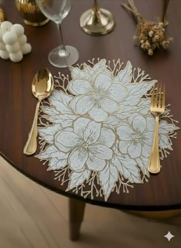 Image of Dining Table Mat and Runner Set for Home Kitchen Reusable Placemat Combo Set for Everyday Dining Use and Table Setup (Luxury Floral Design Table mat + Modern ractangle Table Runner, Pack of 9 (8+1))