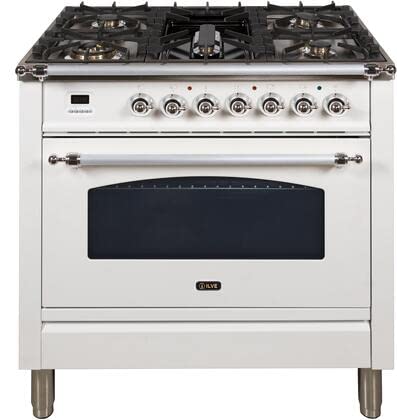 Ilve Upn90Fdvggbxlp 36" Nostalgie Series Gas Range With 5 Burners; Griddle; 3.5 Cu. Ft. Oven Capacity; Dishwarming Drawer; Digital Clock And Timer; Rotisserie; Chrome Trim; In White #TOP1