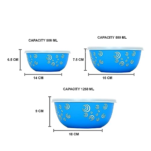 Image of Microwave Safe Stainless Steel Food Storage Container with Lid | Euro Mixing Bowl Set for Kitchen | 500ml, 750ml, 1250ml | Pack of 3 | Leak-Proof (Blue Spiral 3)