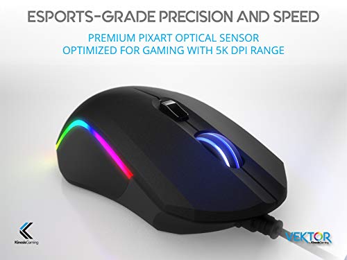 Kinesis Gaming Vektor Rgb Mouse - Wired Adjustable To 5000 Dpi - 6 Programmable Buttons - Dual-Zone Rgb Lighting - Contoured Shape And Rubber Side Grips #TOP6