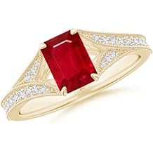Angara Emerald-Cut Ruby Split Shank Engagement Ring in 14K Solid Gold/Platinum | Natural Ruby Side Stone Ring for Women | July Birthday, Gemstone Jewelry Gift