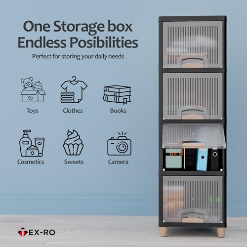 Image of TEX-RO 2XL Multipurpose Plastic Storage Cabinet with Drawers & Shelves | Wardrobe Organizer for Clothes | Toys & Books | Space-Saving Home Storage Cupboard | Black & Transparent