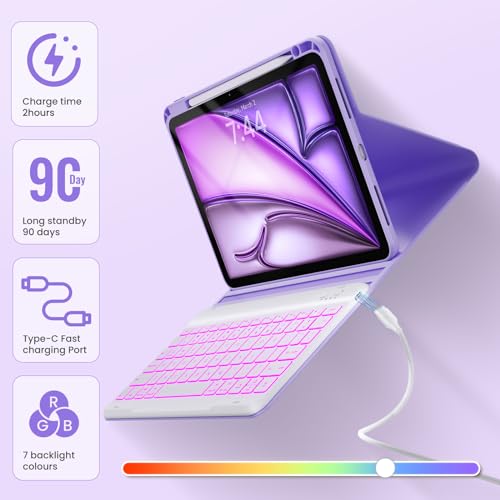 Image of Keyboard Case for iPad Air 5th /4th Pro 11 inch, 7-Color Backlit Detachable Wireless Keyboard Case with Pencil Holder, 360 Rotatable, Stand Folio Cover for Gen 2020 /2022, Pro 4th /3rd /2nd /1st Gen