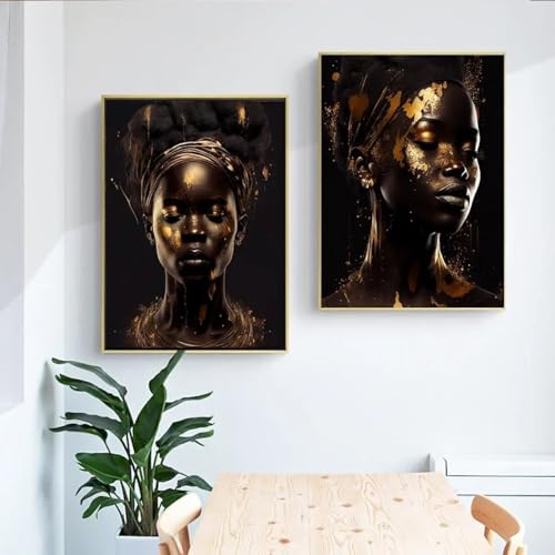 Toile femme africaine or et noir XINBAO, lot de 2 affiches abstraites pour salon, 50x70 cm