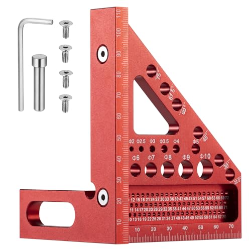 YUENGJGI Outil de Mesure d’Angle 3D Multifonctionnel, Équerre en Alliage d'Aluminium 22,5-90°, Outil de Mesure Précis, Outil de Marquage pour Menuiserie（Rouge）