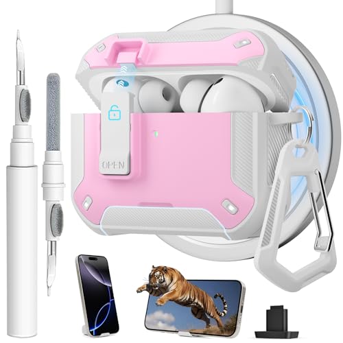 Image of for AirPods Pro 3 Case with Magnetic Lock and Phone Stand, Compatible with Magsafe Charging,with Carabiner&Cleaner kit for Apple iPod Pro 3rd Generation Cover(2025) Men Women (Pink)