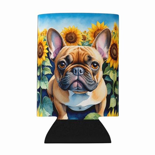 Caroline's Treasures French Bulldog in Sunflowers Can or Bottle Hugger Cooler Washable Drink Sleeve Collapsible Beverage Insulated Holder, Can Hugger, Multicolor