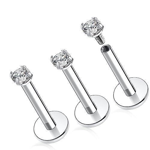 GAGABODY Labret Jewelry G23 2mm Clear CZ 16g Lip Rings Titanium Internally Threaded Labret Helix Cartilage Tragus Monroe 8mm Lip Studs Earring Piercing Silver