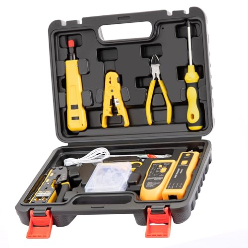 JFDMYGJA Network Tool Kit for Cat6 Cat5e Cat5, Pass Through RJ45 Crimp Tool Kit, Ethernet Crimper Cat6 Cat5e Cat5 Crimping Tool with Wire Tracker, Pass Through Connectors