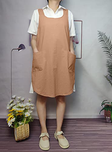 Cotton Cross Back Aprons Solid Color Cooking Kitchen Garden Smock For Women Girls With Pockets (Brown, 37Wx 32L) #TOP6
