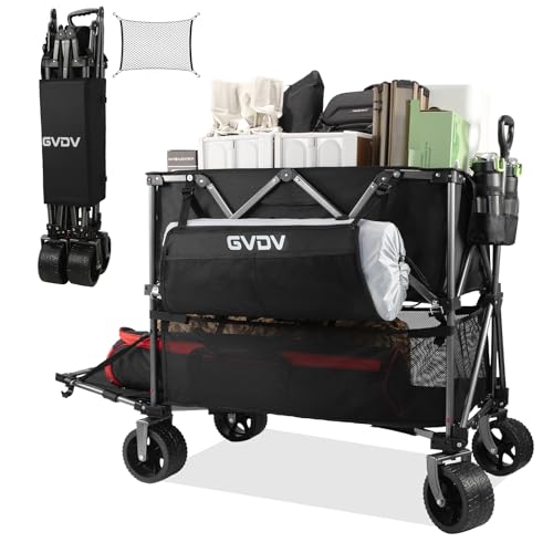 GVDV Beach Wagon, Foldable Beach Cart with Tailgate, 440 LBS Heavy Duty Collapsible Wagon for Sand, 500L Large Capacity Utility Wagons Carts for Camping & Sports, Black