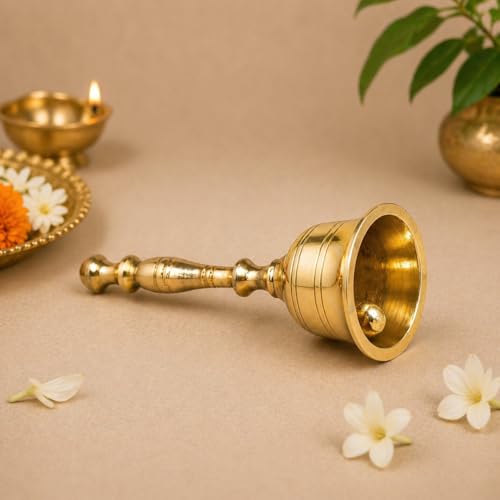 Image of Craftvatika Brass Hand Bell for Pooja Ghanti for Mandir, Home and Office Temple Prayer Bell Ghanti for Decoration (1.6 x 3.8 inches, Golden)