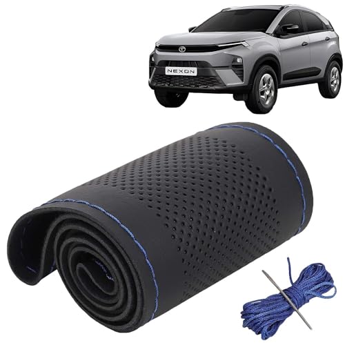 Image of KINGSWAY PU Leatherite Car Steering Cover Sewable Compatible with Tata Nexon (Year 2023 Onwards), Black Color with Blue Thread, Pack of 1 with Sewing Needle and Thread