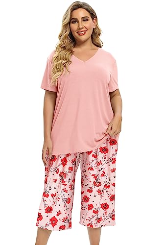 Image of Vozanet Women's Pajamas Set Soft V Neck Sleepwear Top and Capri Pj Lounge Sets Cartoon Heart Shape Cat Nighty Plus Size
