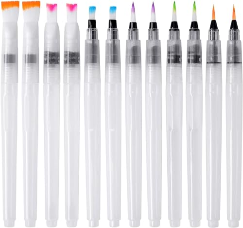 12 Pinceles de Acuarela con Depósito Rellenable, Pluma de Cepillo de Agua Traje Creatividad, Juego de Pinceles de Acuarela, para Colorear, CaligrafíA, Pintura, CreacióN de Acuarela (190 mm)