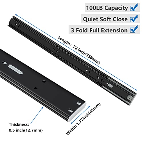 homdiy 10 Pair Soft Close Drawer Slides, 22 Inch 20 Pieces Heavy Duty Side Mount Ball Bearing, 3-Section Full Extension, 100LB Capacity (Black) for Cabinets by homdiy - Image 2