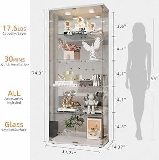 LFT HUIMEI2Y Glass Display Cabinet 5-Shelf with LED Light, Mirror and Lock, 2 Door Curio Cabinets, Tempered Glass Collection Display Showcase for Bedroom, Living Room White
