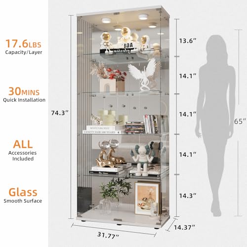 LFT HUIMEI2Y Glass Display Cabinet 5-Shelf with LED Light, Mirror and Lock, 2 Door Curio Cabinets, Tempered Glass Collection Display Showcase for Bedroom, Living Room White