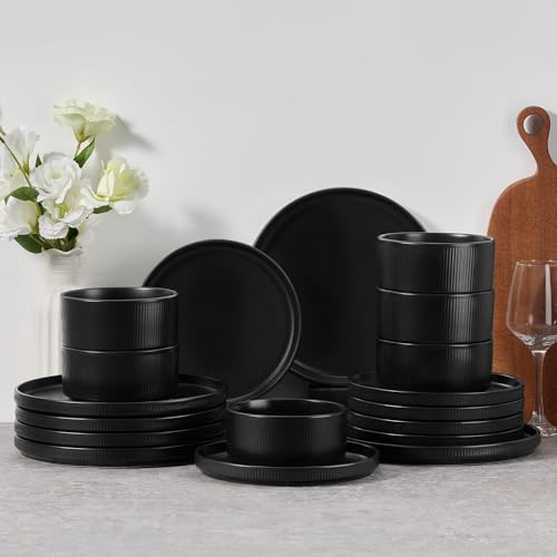 Image of E-far Stoneware Dinnerware Sets for 6, 18-Piece Plates and Bowls Sets, Chip & Scratch Resistant Ribbed Dish Set for Home Restaurant, Microwave & Dishwasher Safe, Matte Black