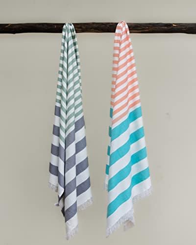 MUSH Extra Large Cabana Style Turkish Towel Bamboo - (90 X 160 Cms) - Ideal for Beach, Bath, Pool Etc (Light Green-Grey & Peach-Turquoise, 2)