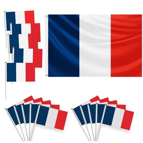 Lote de 16 banderas, 1 bandera grande 150x90 cm con ojales de latón, 15 banderas pequeñas de mano, decoración en eventos deportivos, fiestas(Francia)