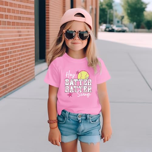 GANGXCHEN Softball Shirts for Girls Hey Batter Batter Swing Shirt Kids Funny Softball Graphic Short Sleeve Tee Tops(Pink,9-10Y)