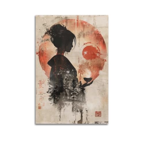 Impression sur bois japonaise vintage, grand tableau salon rétro 60x90 cm