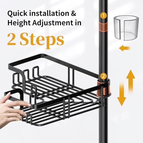 Image of KEGII Shower Caddy Tension Pole with 2 Towel Bars, Corner Shower Organizer Shelves for Bathtub Shampoo Storage, Adjustable Shower Tension Rod with Razor Holder & Hooks