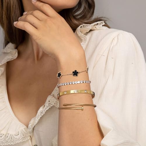 18K Gold Plated Stackable Floral Gold Love Bangle Bracelets For women Non Tarnish, Gold Bracelet Set Trendy Jewelry,Christmas Valentines Birthday Gifts for Women's Day and Mother's Day3
