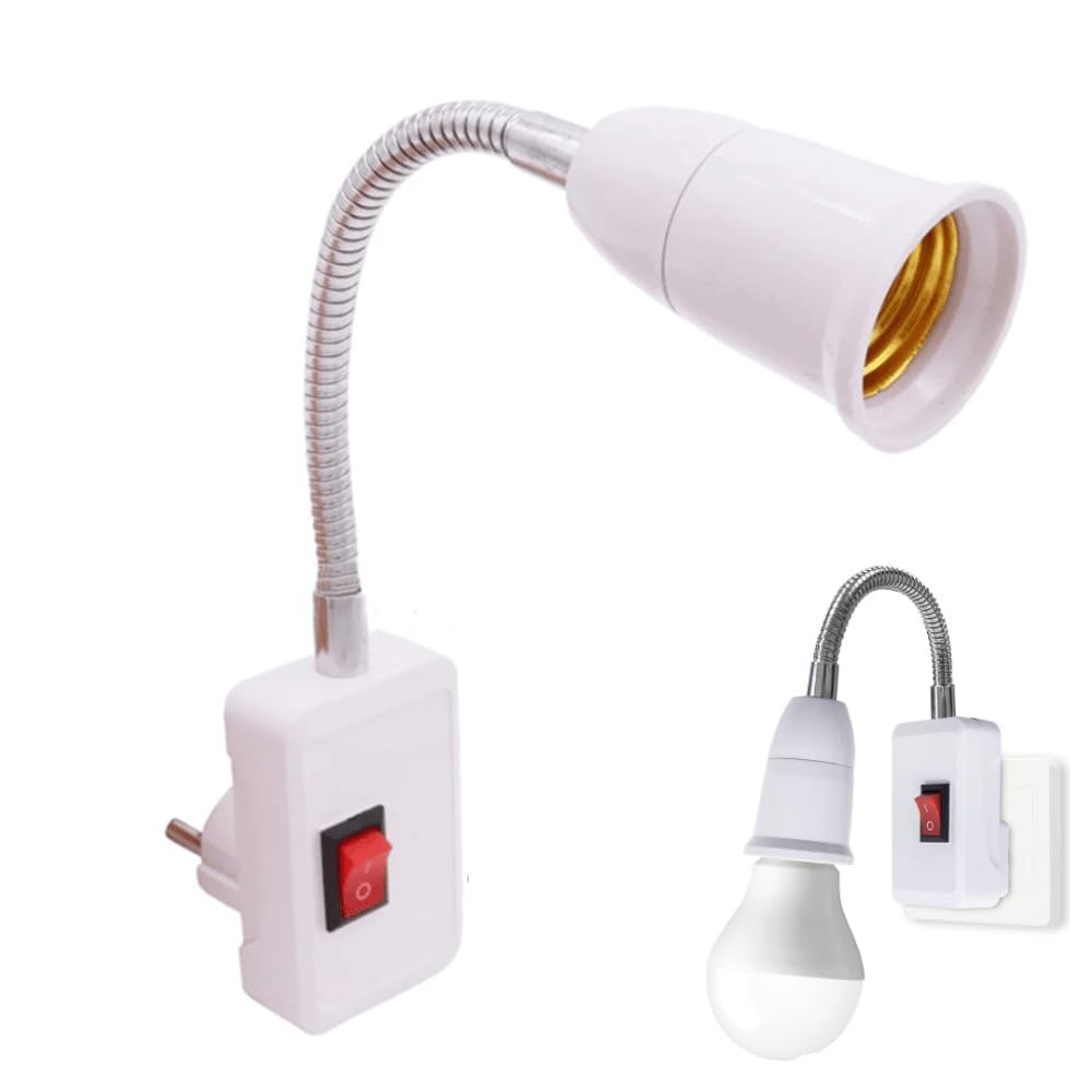 TECHZOCO Portalámparas E27 con Interruptor, Adaptador de Enchufe E27 Europeo, Rotación de 360° Con Cuello de Cisne Flexible, Interruptor ON/OFF, Apto para Dormitorios, Cocinas, Pasillos, Lectura