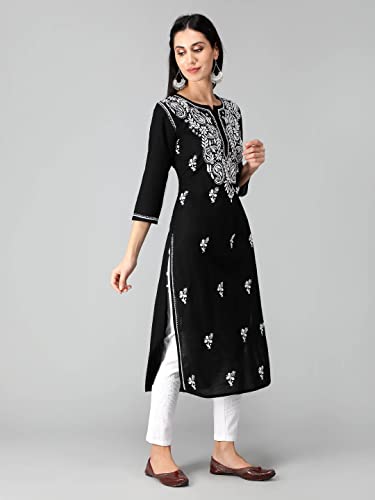 Image of Seva Chikan Hand Embroidered Lucknowi Chikankari Regular Straight Cotton Kurta Kurti for Women SCL4243