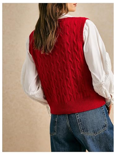 Women's Embroidery Cable Knit Sweater Vest V Neck Knitted Casual Sleeveless Sweater Pullover Top2