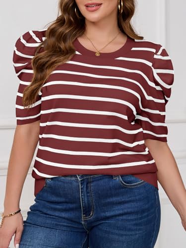 Image of Beautife Womens Plus Size Short Puff Sleeve Sweater Tops Lightweight Striped T Shirts Summer Casual Crew Neck Knit Pullover Wine Red
