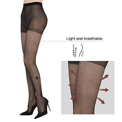 Image of C4N 15D Sheer Tights for Women Control Top Pantyhose High Waist Non-Slip Silk Stockings, Vines Flower