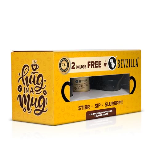 Image of Bevzilla Turkish Hazelnut Premium Edition Pack - 2 Free Coffee Mugs | 100% Arabica Beans | Instant Coffee | 75 gms Pack | Makes up to 40 cups | Best for Espresso, Latte, Cappuccino