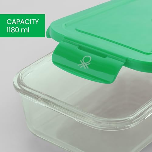 Image of United Colors of Benetton 1180 ML Borosilicate Glass Food Storage Container with Airtight Green Lid - Leakproof, Microwave, Oven, Freezer & Dishwasher Safe - Durable & Reusable Lunch /Dinner Box