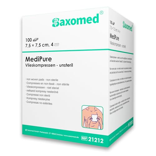Saxomed Garze non sterili per medicazione 7,5 x 7,5 cm tessuto non tessuto - 100 pezzi garza autoadesiva 4 strati - compresse di garza 7,5 x 7,5 - per ferite esterne