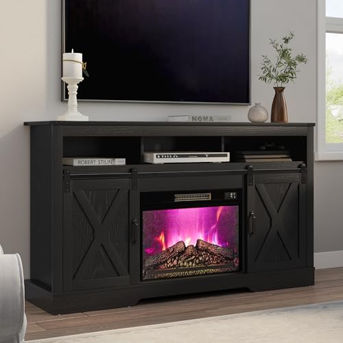 Image of RoyalCraft Farmhouse Fireplace TV Stand for 65+ Inch TV, Entertainment Center with 23 inch Electric Fireplace with Remote, 34 inch Tall Modern Rustic TV Console with Sliding Bar Door for Living Room, Black