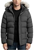 KVE Men Thick Quilted Hooded Winter Puffer Coat Windproof Water Resistant Down Alternative Jacket with Detachable Drawstring Hood Fur Trim Casual Fall Winter Outerwear Dark Grey(hood) X-Large