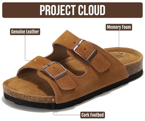 Image of Project Cloud Kids Sandals 100% Genuine Leather - Natural Cork Footbed Non-Slip Slides for Kids - Lightweight Boys & Girls Sandals - Water-Resistant Girls & Boys Sandals
